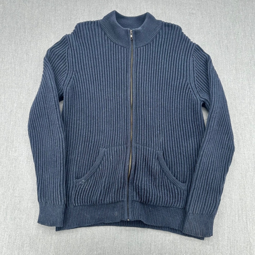 LL Bean Full Zip Knit Sweater Mens Large Tall Navy‎ Blue Ribbed Cotton Mock Neck